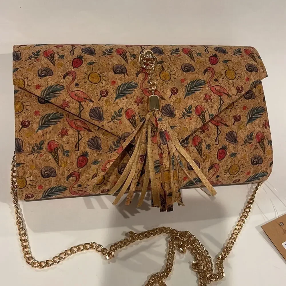Cork NWT Tropical Print Bag with Gold Chain